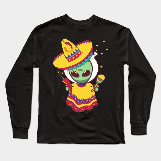 Alien Mexican Poncho Cinco De Mayo Alien Sombrero Fiesta Costume Long Sleeve T-Shirt by alcoshirts